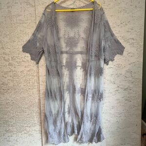 POL Long Embroidered Open Lace Kimono Duster Cardigan Sz Large Cover-up
